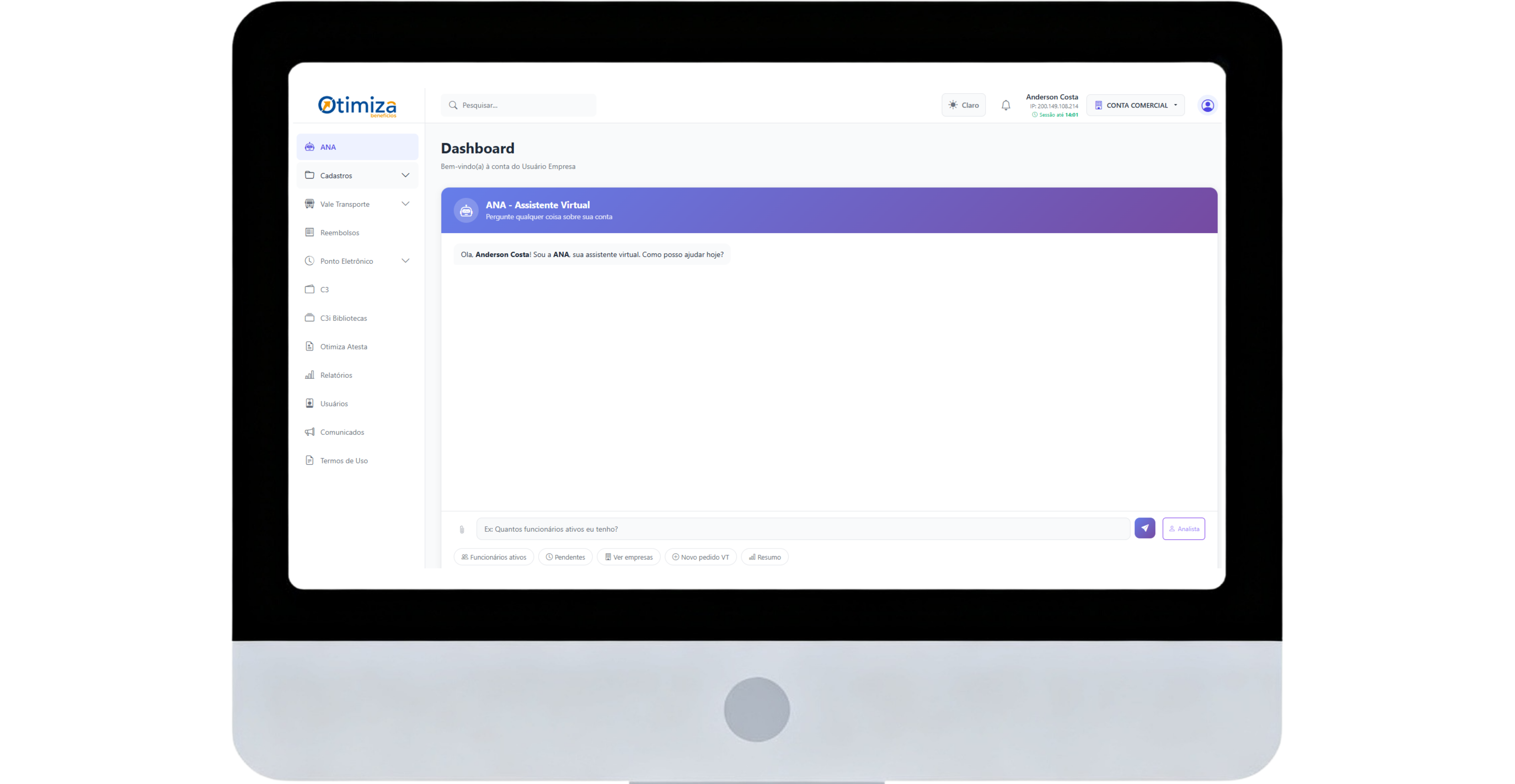 Dashboard da Plataforma Otimiza com A.N.A. Assistente Virtual