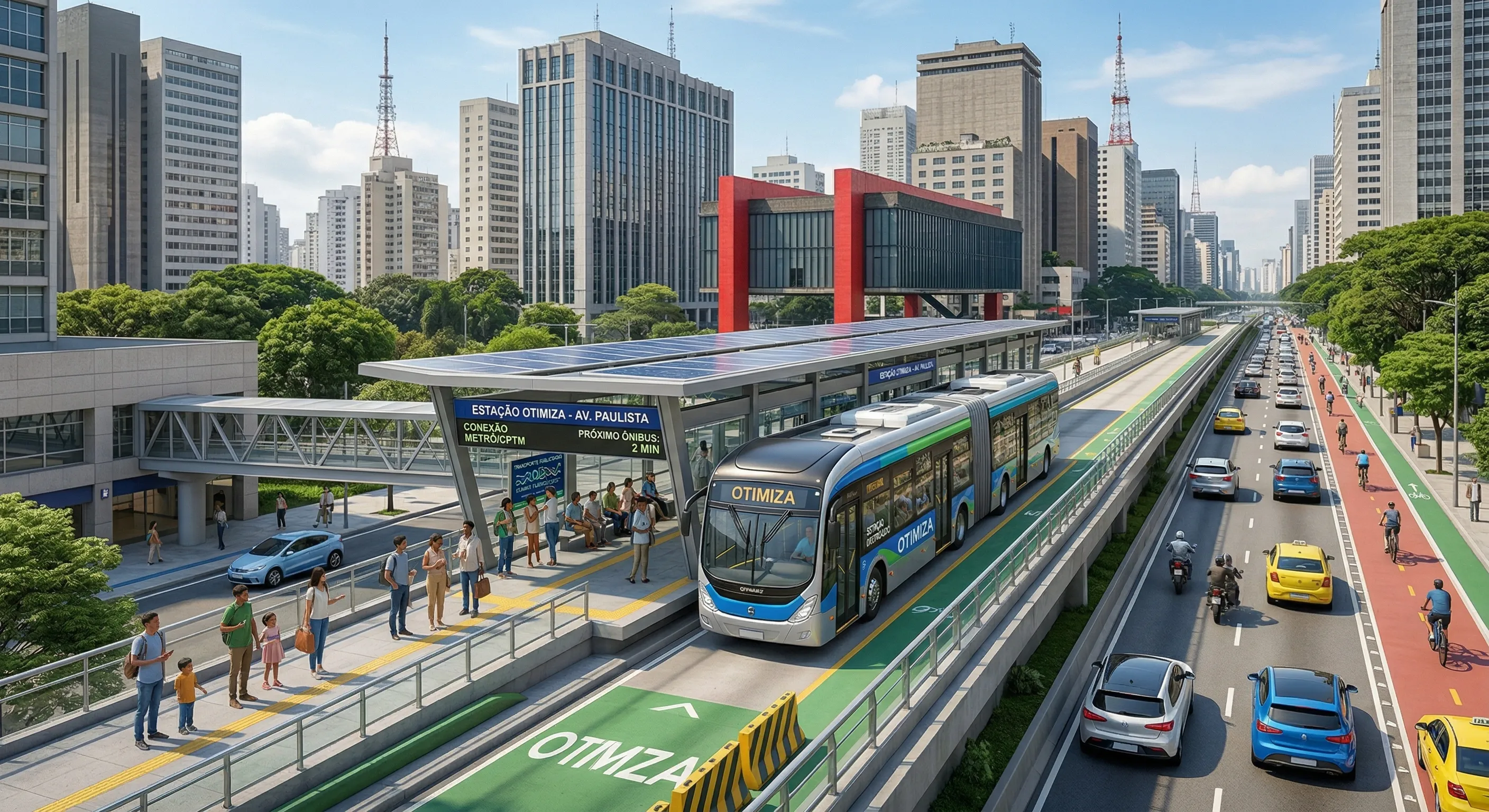 Panorama urbano com transporte publico e mobilidade corporativa