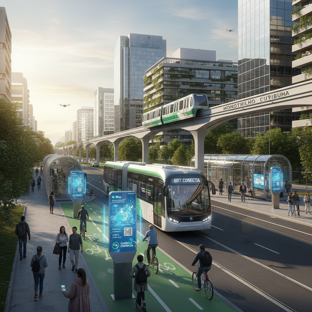 Gestão de transporte com ônibus elétrico, monotrilho e painéis digitais