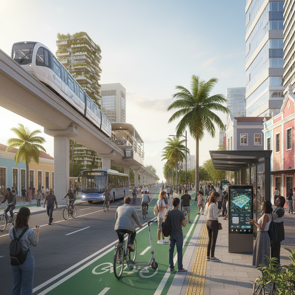 Mobilidade urbana em Fortaleza: monotrilho, ponto de ônibus moderno e palmeiras