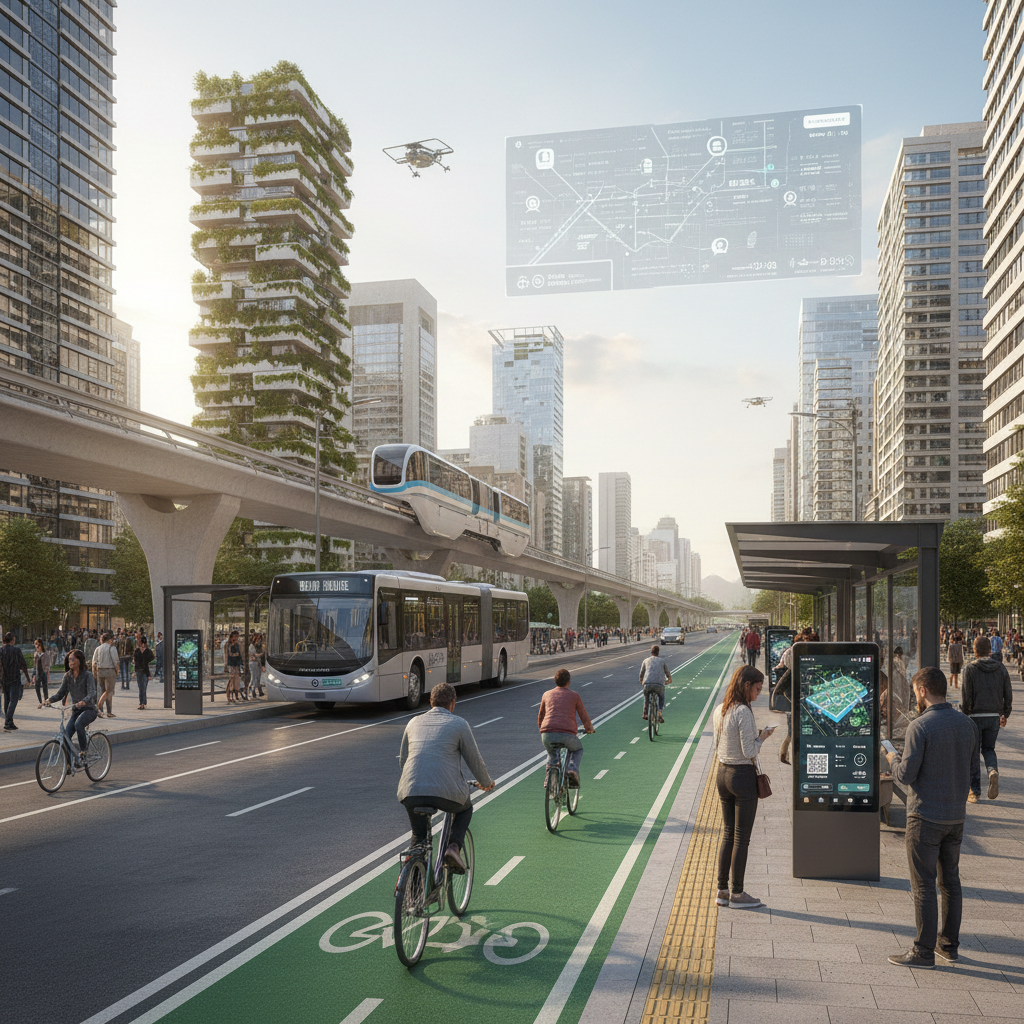 Mobilidade verde com ciclovia integrada, monotrilho e painéis digitais