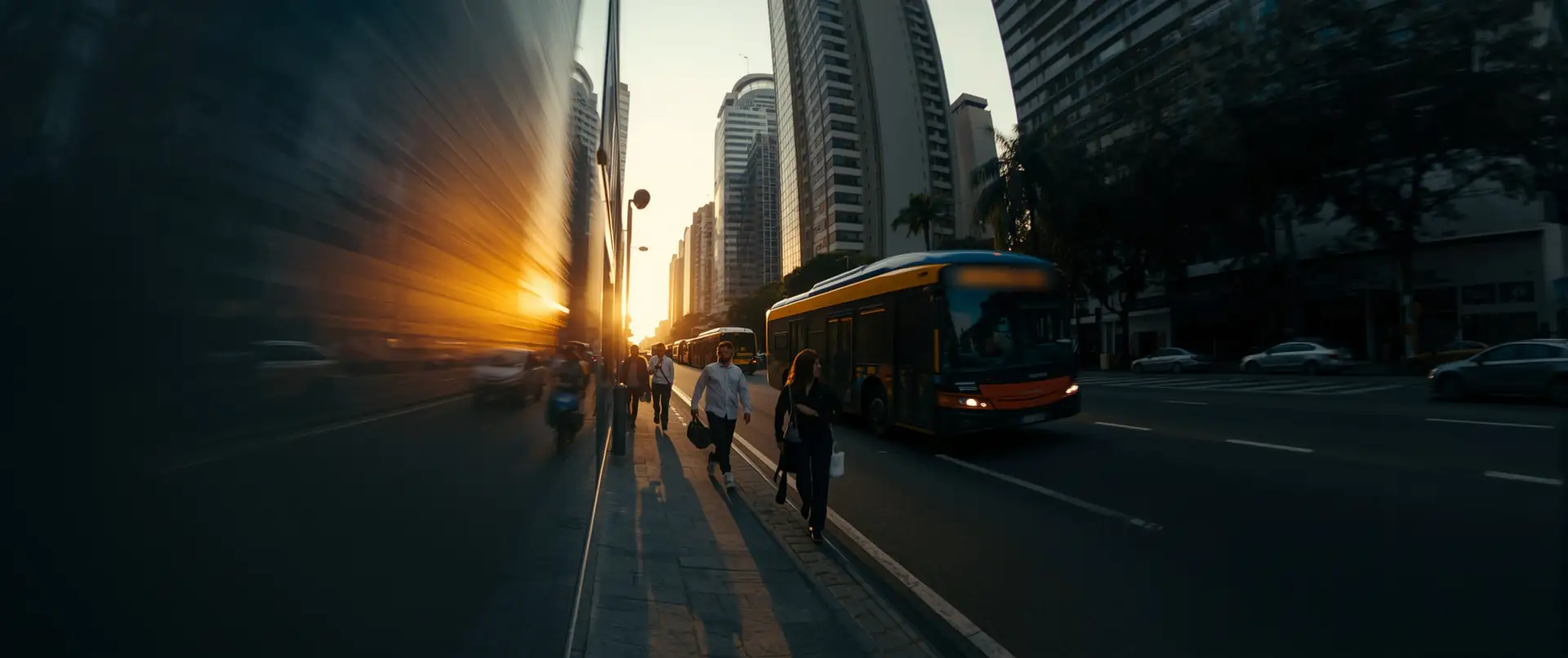 Pessoas a caminho do trabalho ao nascer do sol, numa avenida com ônibus